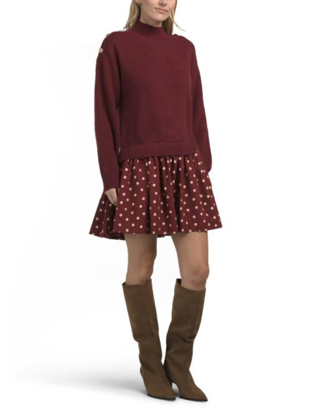 ZOE & CLAIRE Mixed Media Mini Sweater Dress With Buttons